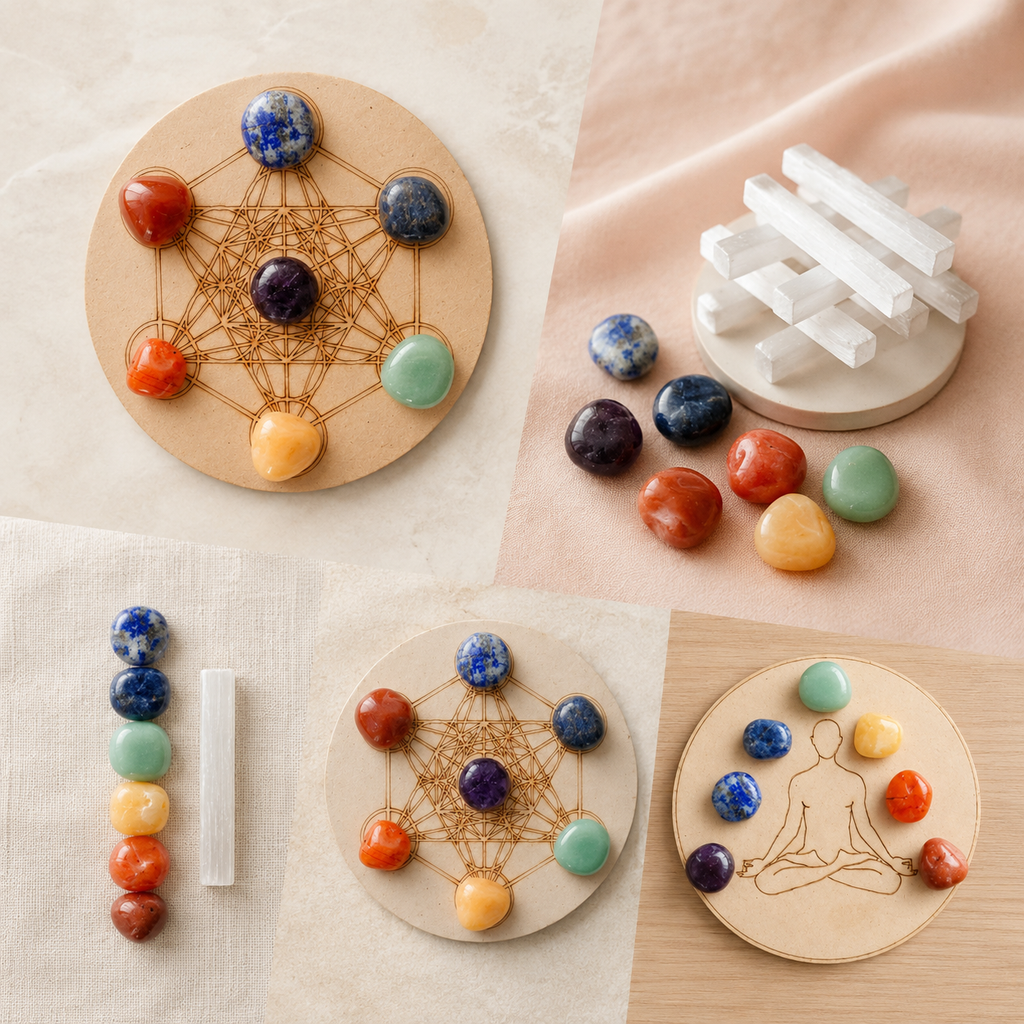 Chakra Tumbled Crystals Set, 7 Chakra Stones Set,  Wooden Grid Plate, Selenite Log