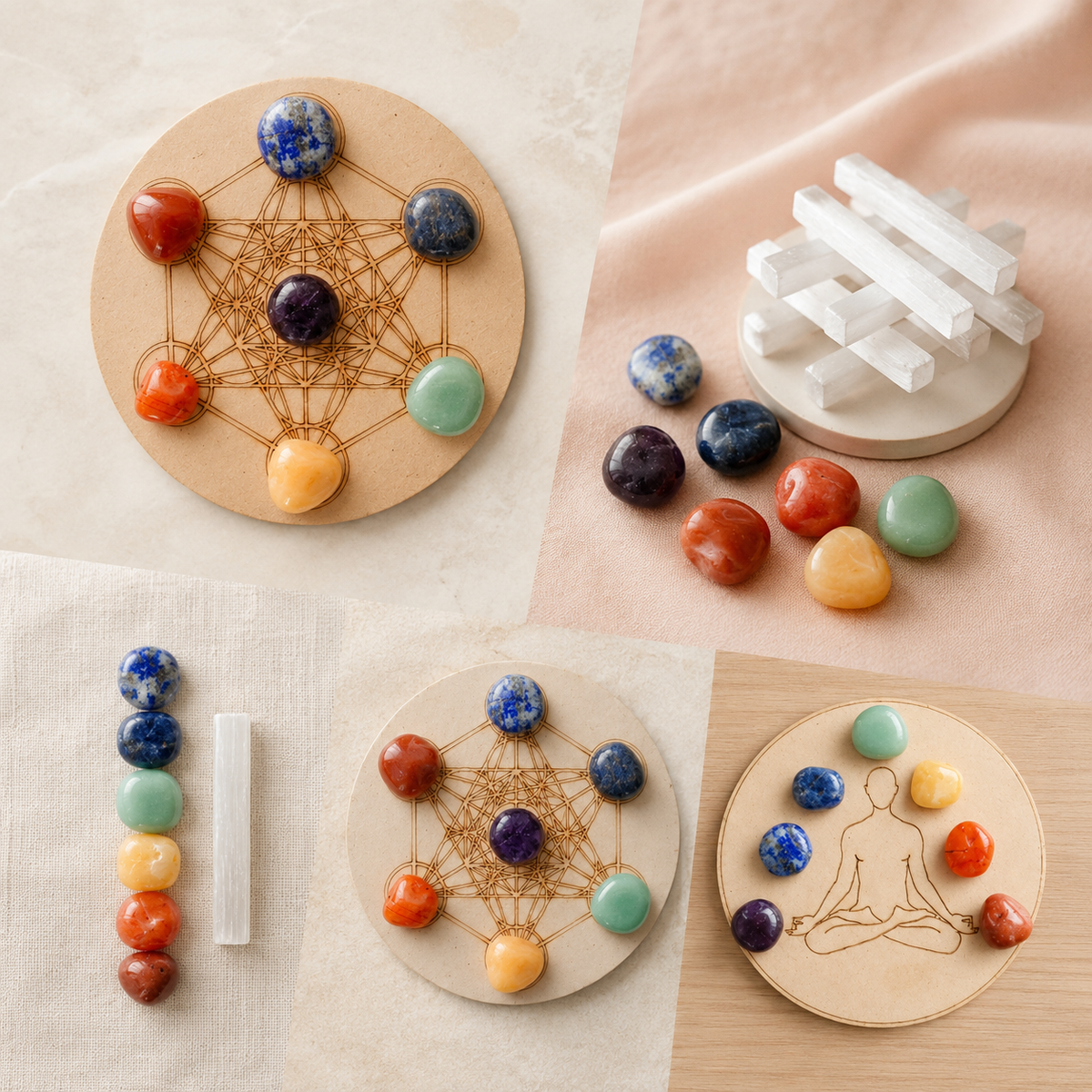 Chakra Tumbled Crystals Set, 7 Chakra Stones Set,  Wooden Grid Plate, Selenite Log