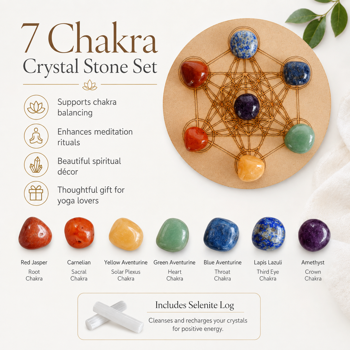 Chakra Tumbled Crystals Set, 7 Chakra Stones Set,  Wooden Grid Plate, Selenite Log