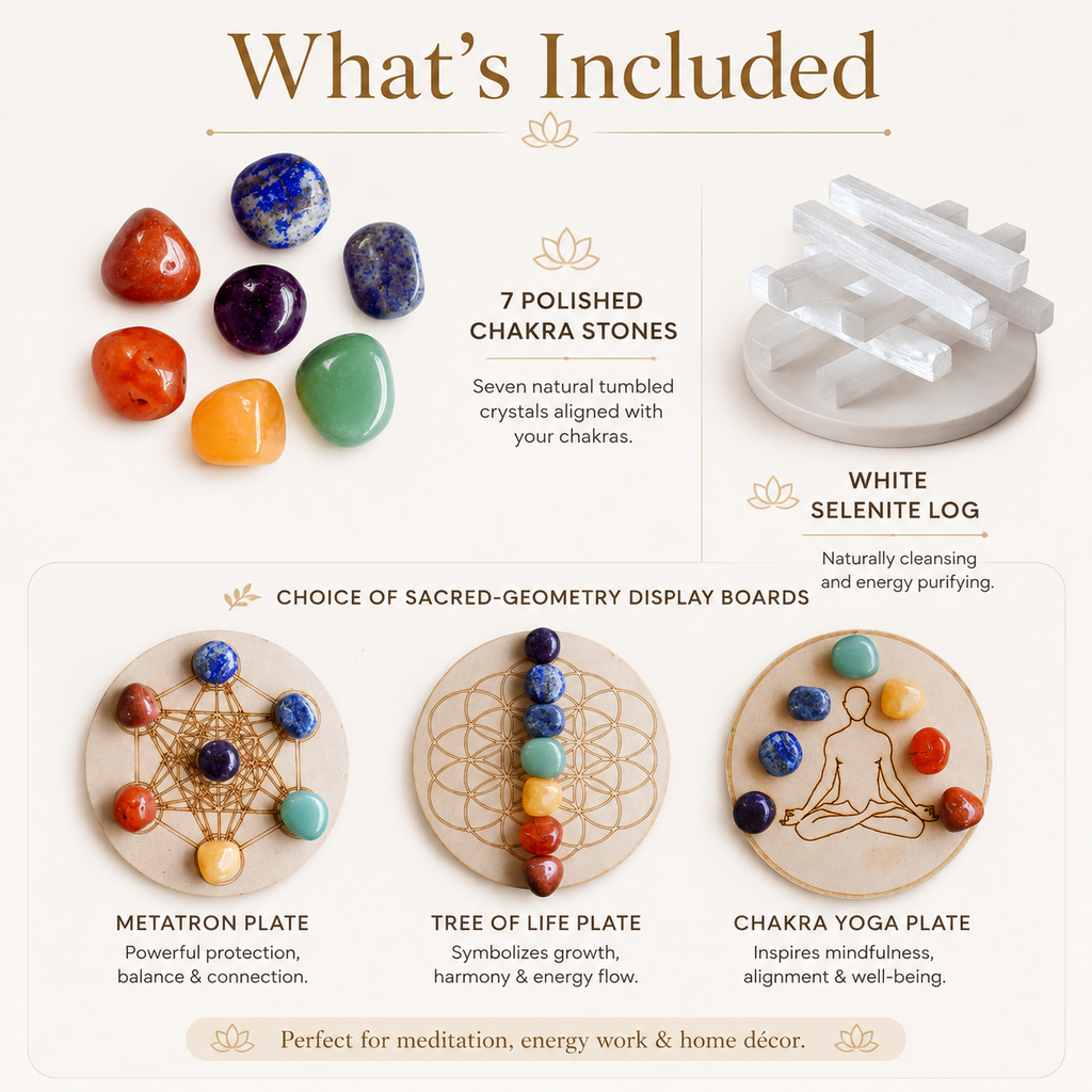 Chakra Tumbled Crystals Set, 7 Chakra Stones Set,  Wooden Grid Plate, Selenite Log