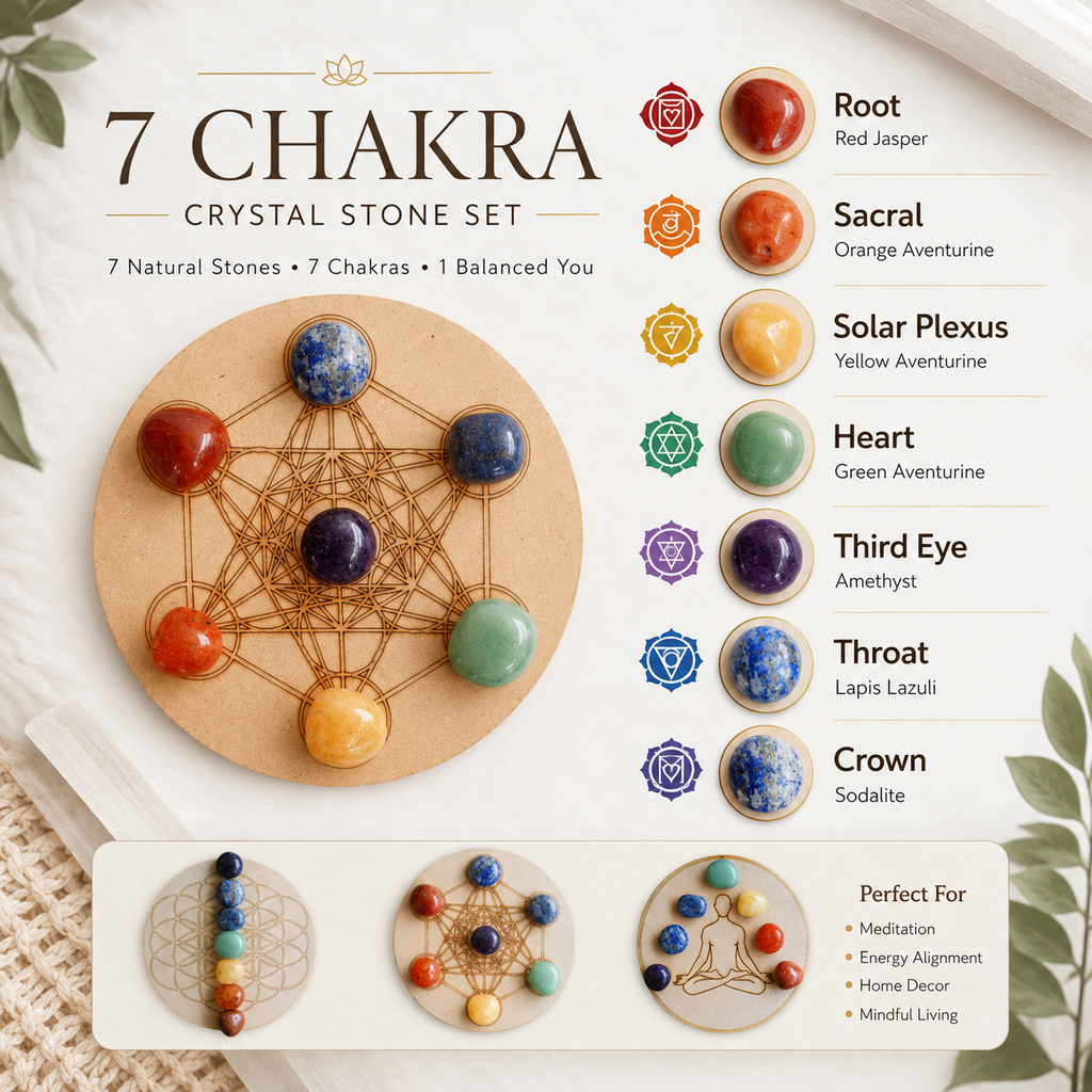 Chakra Tumbled Crystals Set, 7 Chakra Stones Set,  Wooden Grid Plate, Selenite Log