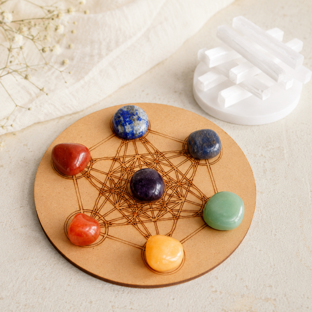 Chakra Tumbled Crystals Set, 7 Chakra Stones Set,  Wooden Grid Plate, Selenite Log