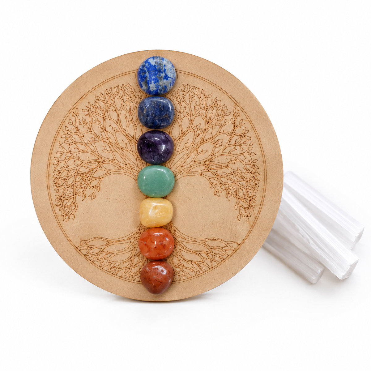 Chakra Tumbled Crystals Set, 7 Chakra Stones Set,  Wooden Grid Plate, Selenite Log