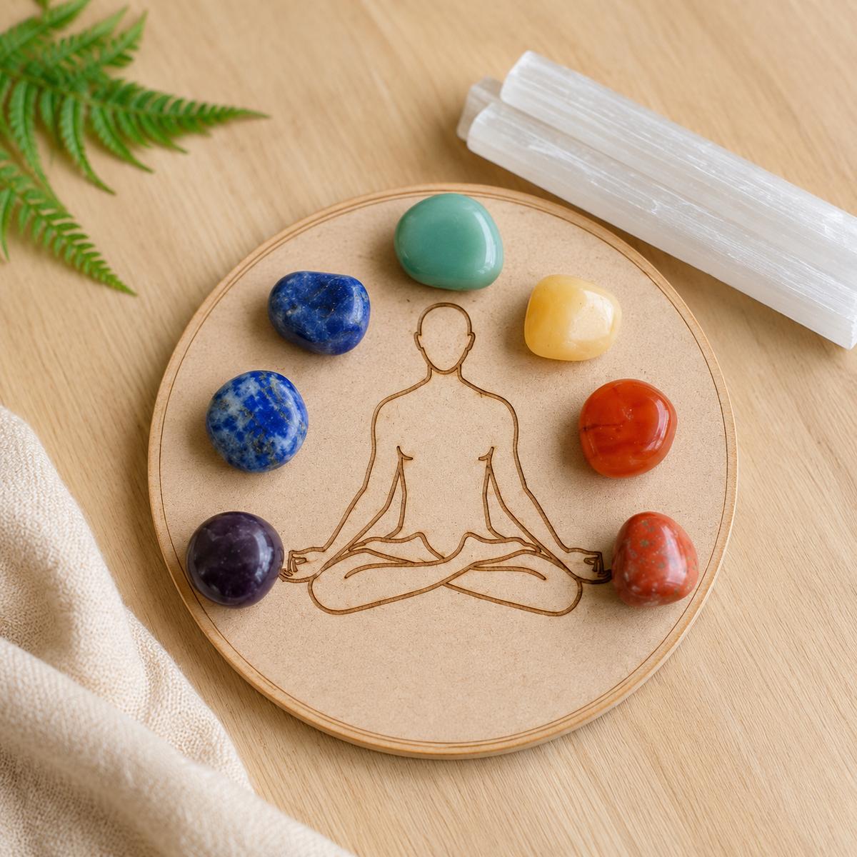 Chakra Tumbled Crystals Set, 7 Chakra Stones Set,  Wooden Grid Plate, Selenite Log