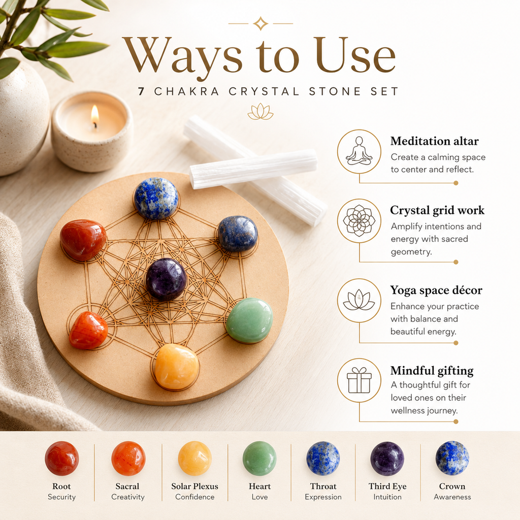 Chakra Tumbled Crystals Set, 7 Chakra Stones Set,  Wooden Grid Plate, Selenite Log