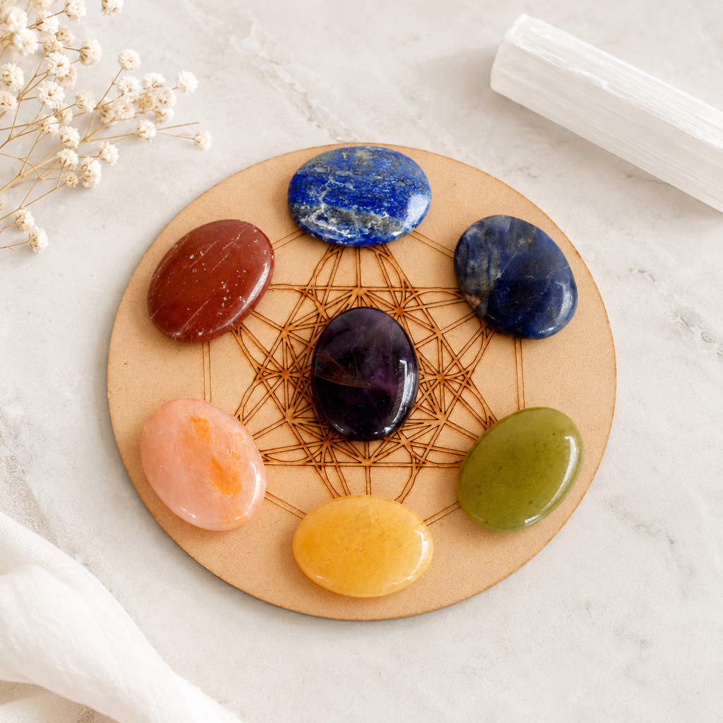 7 Chakra Crystals Worry Stones Set with Wooden Grid Plate, Selenite Log