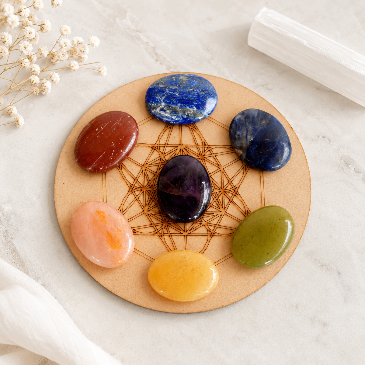 7 Chakra Crystals Worry Stones Set with Wooden Grid Plate, Selenite Log