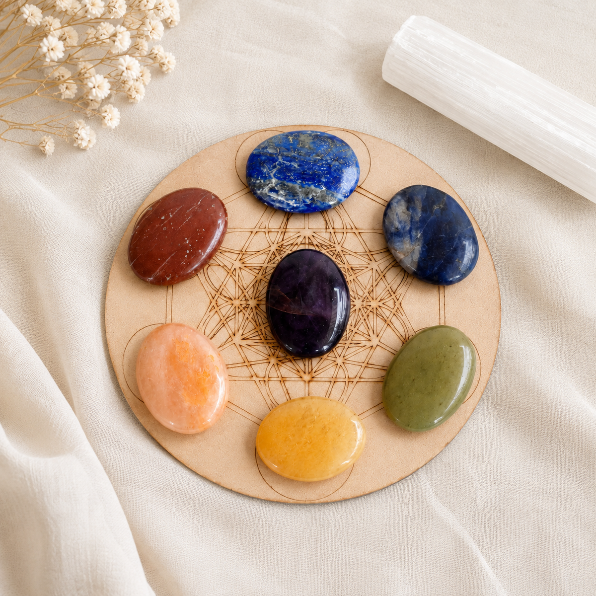 7 Chakra Crystals Worry Stones Set with Wooden Grid Plate, Selenite Log
