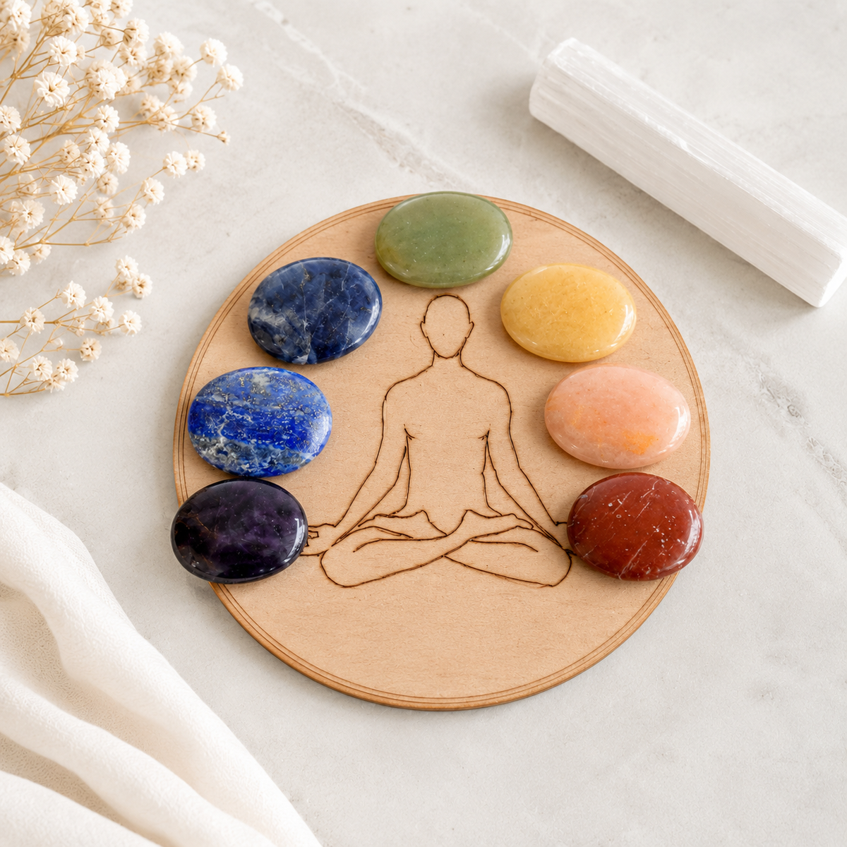 7 Chakra Crystals Worry Stones Set with Wooden Grid Plate, Selenite Log