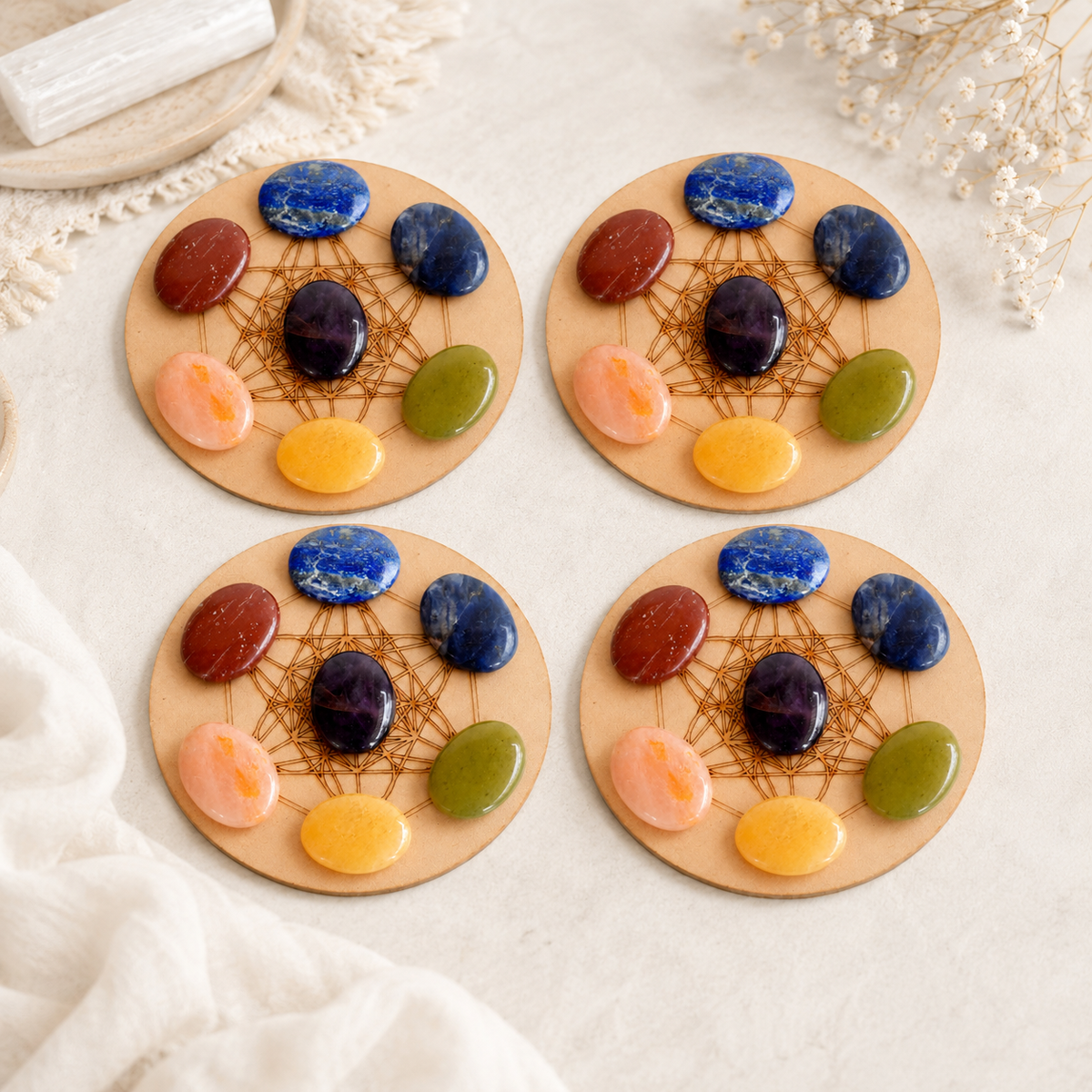 7 Chakra Crystals Worry Stones Set with Wooden Grid Plate, Selenite Log