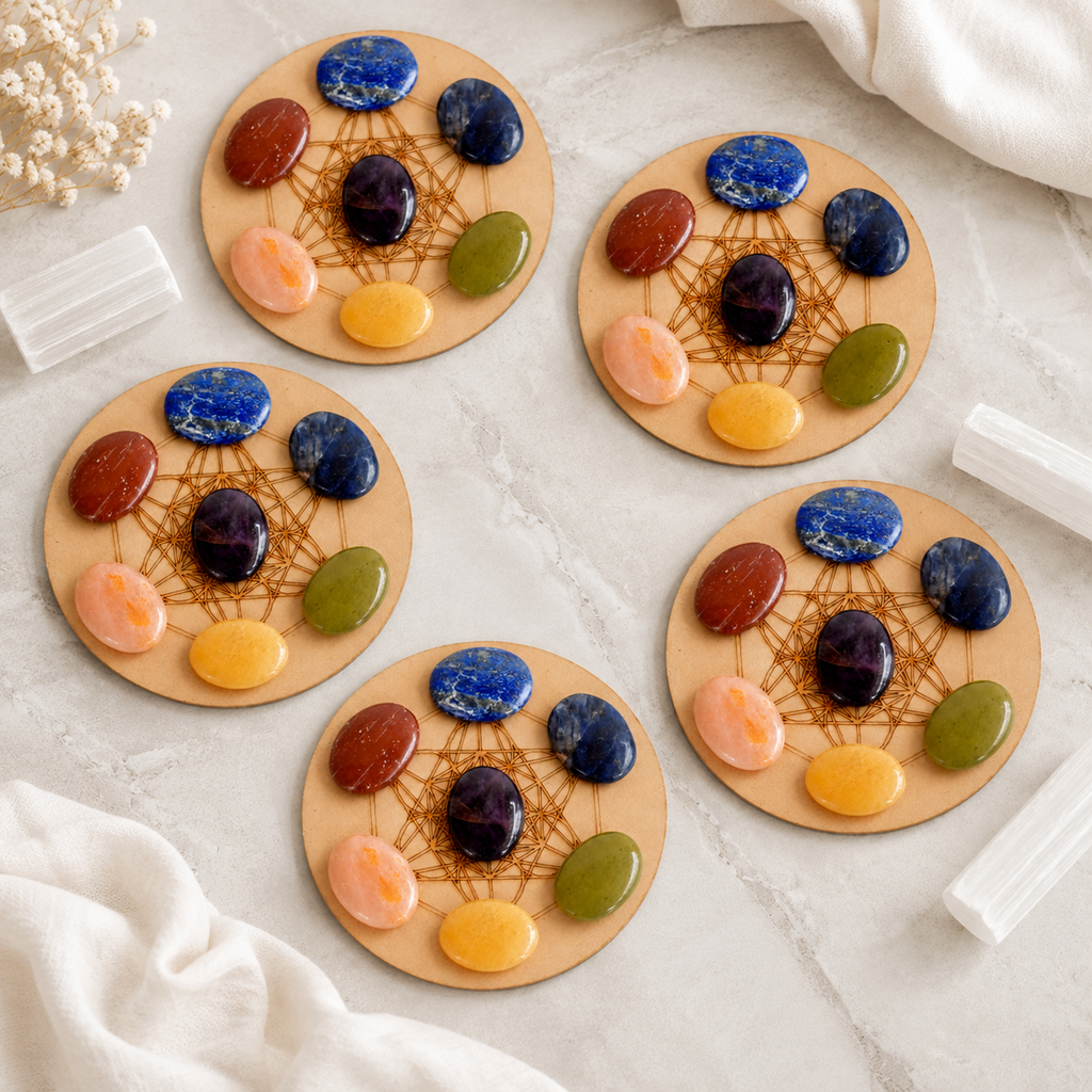 7 Chakra Crystals Worry Stones Set with Wooden Grid Plate, Selenite Log