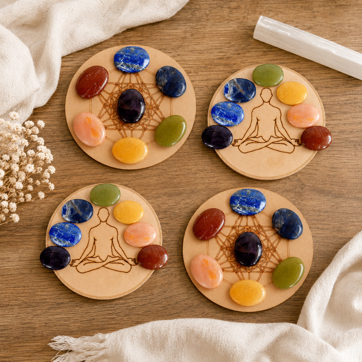 7 Chakra Crystals Worry Stones Set with Wooden Grid Plate, Selenite Log