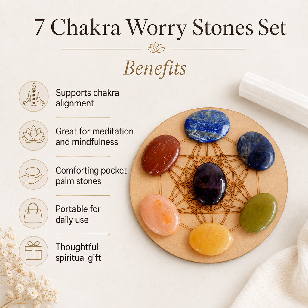 7 Chakra Crystals Worry Stones Set with Wooden Grid Plate, Selenite Log