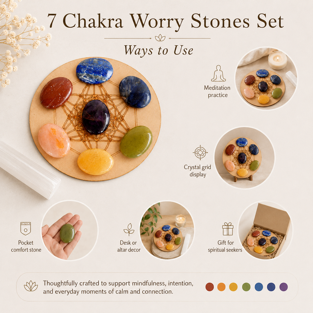 7 Chakra Crystals Worry Stones Set with Wooden Grid Plate, Selenite Log