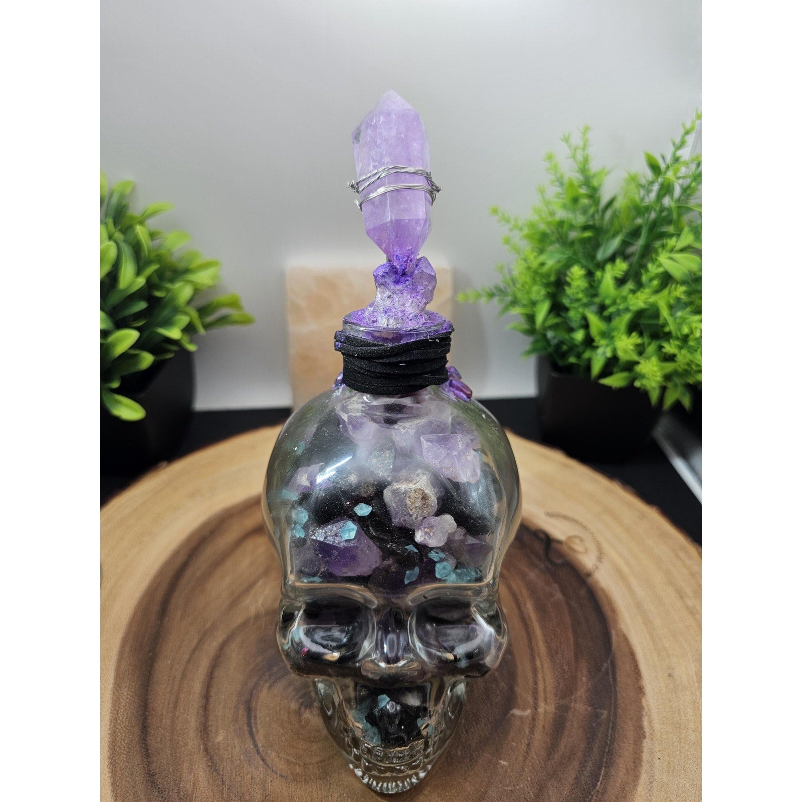 Glass Skull with Amethyst, Obsidian & UV Stones by CrystalCloud Company