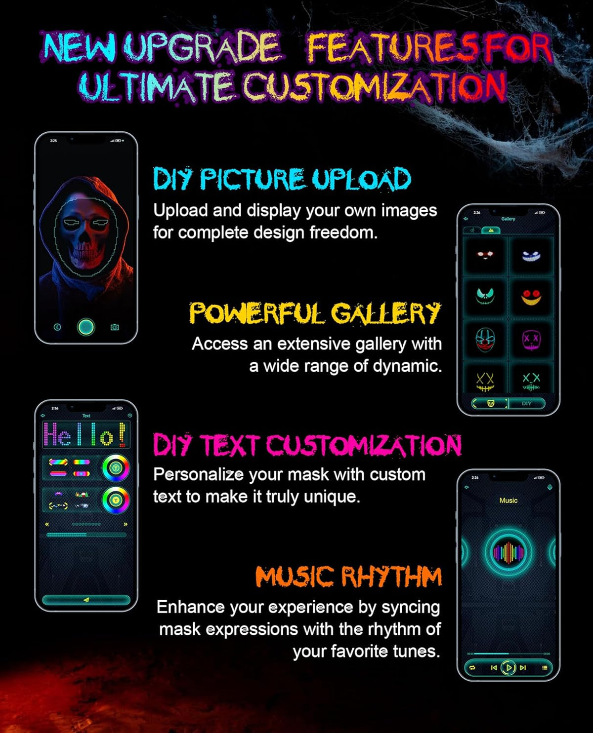 Halloween LED Mask with Programmable App & Gesture Sensing, DIY Unisex LED Lighted Face Transforming Mask, Perfect Gift for Halloween Costume Cosplay,Masquerade