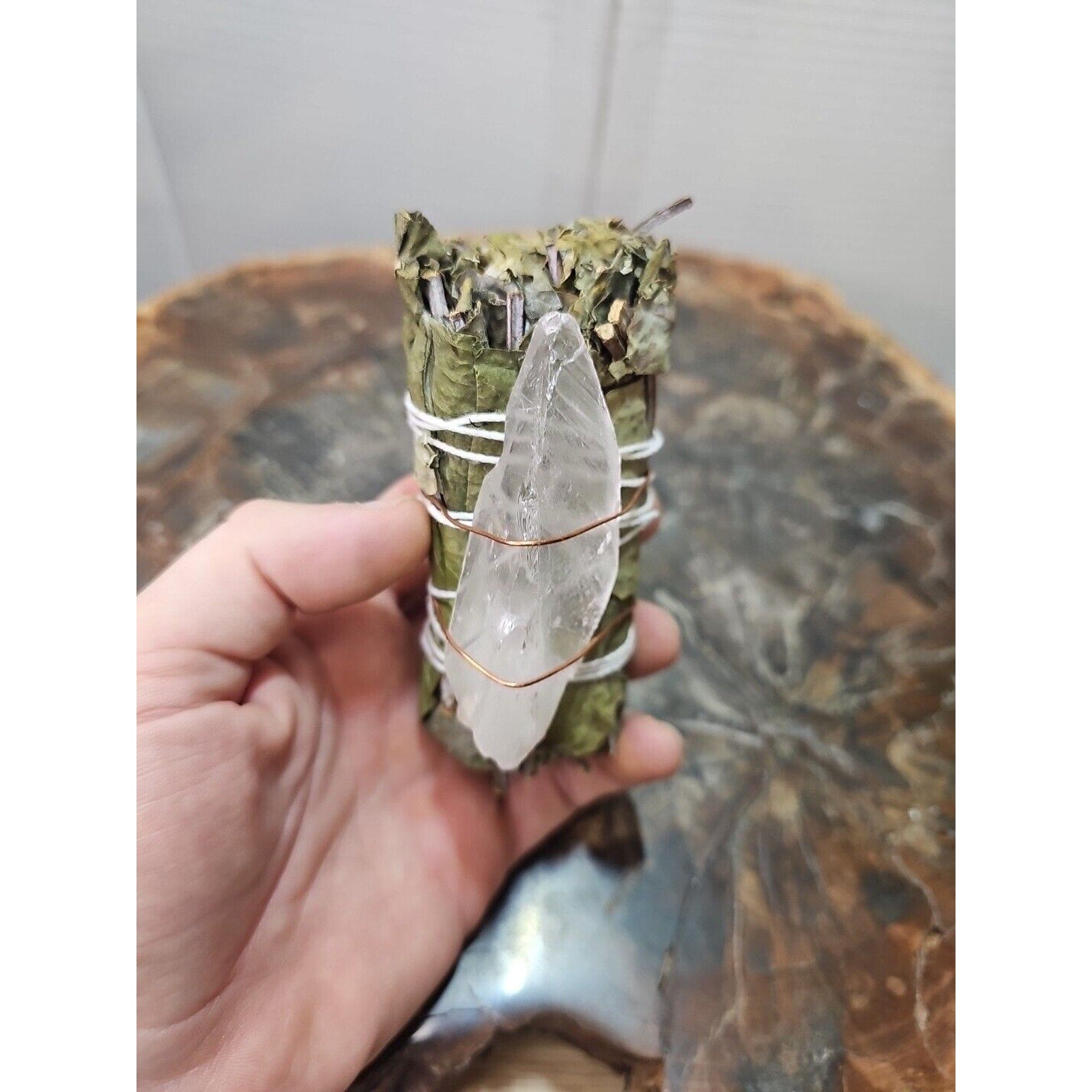 Bay Leaf wrapped crystal W/ Huge White Quartz Healing by CrystalCloud Company
