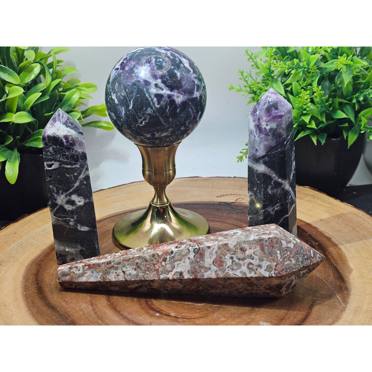 Fluorite Sphere and Towers with Leopard Jasper Scepter Crystal Set 2lbs