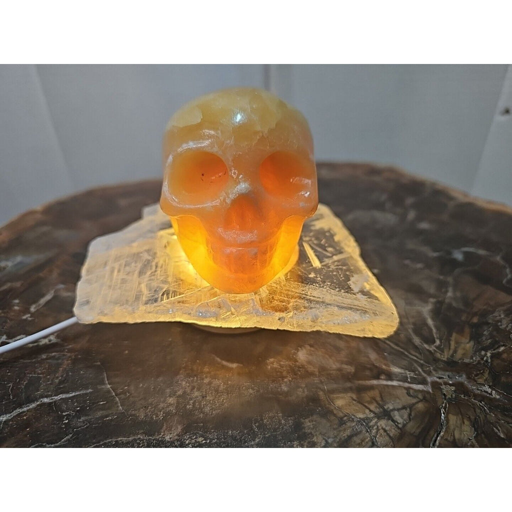 1.62LB Natural Yellow Translucent Calcite Crystal Skull W/Selenite Base & Led by CrystalCloud Company