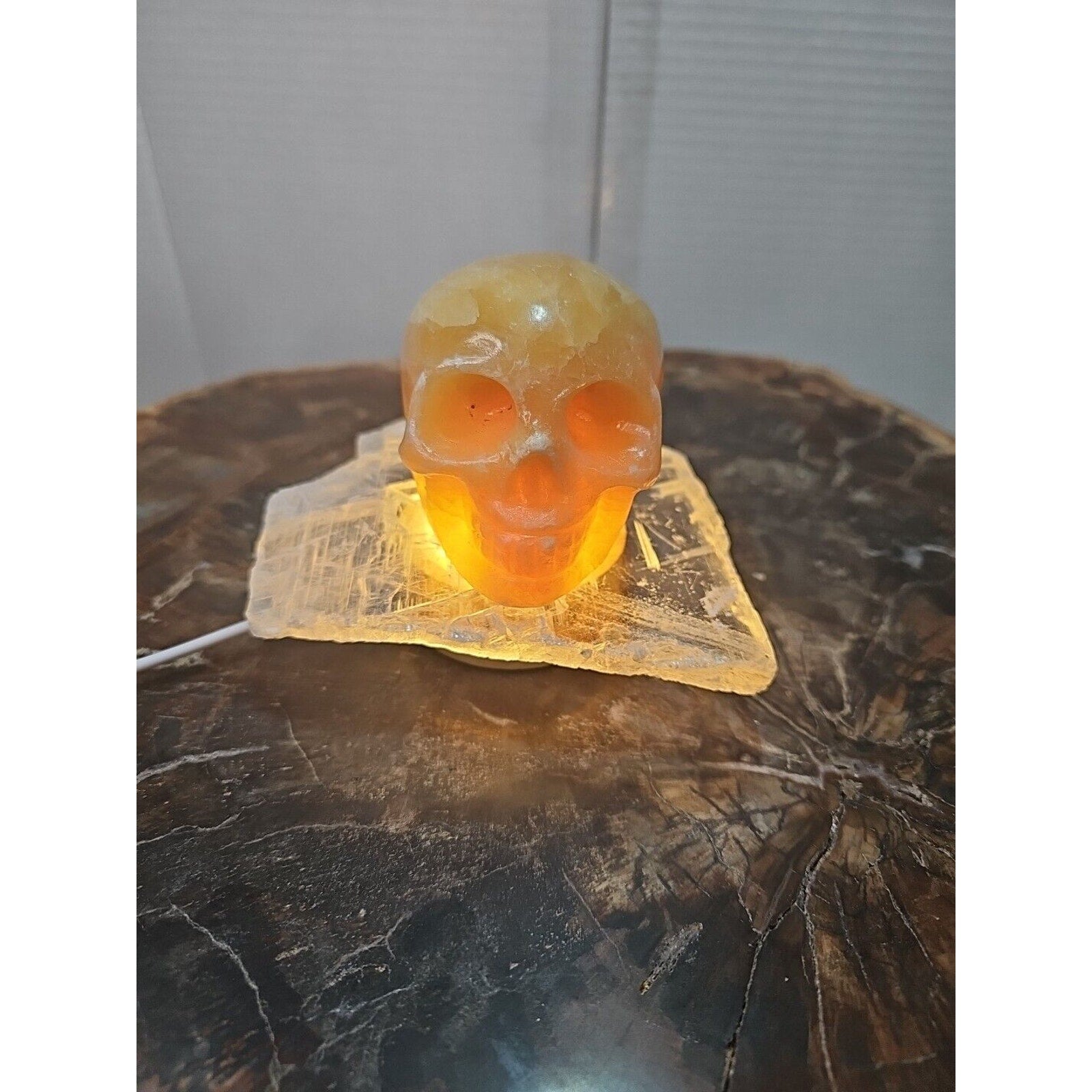 1.62LB Natural Yellow Translucent Calcite Crystal Skull W/Selenite Base & Led by CrystalCloud Company