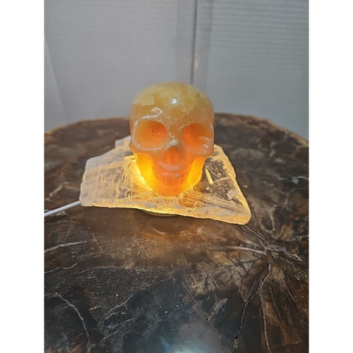 1.62LB Natural Yellow Translucent Calcite Crystal Skull W/Selenite Base & Led by CrystalCloud Company