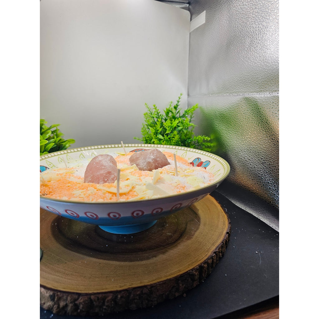 Super Large Handmade Candle — Decorative Ceramic Bowl, Rose Quartz Center Stones, 2lb Pearl Wax, 20 Wicks
