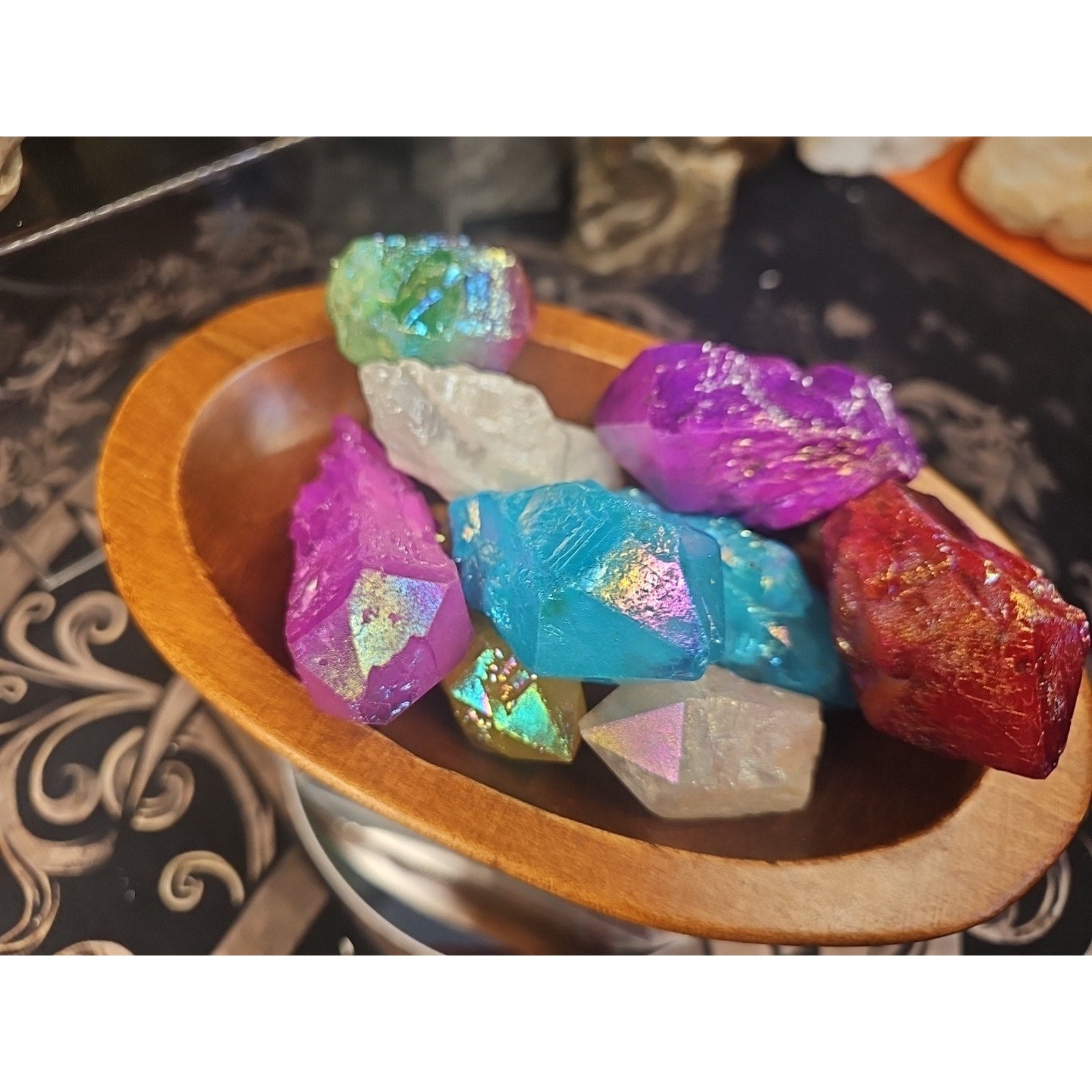 1.29lbsAura Aqua Rainbow Quartz W/wooden Bowl by CrystalCloud Company