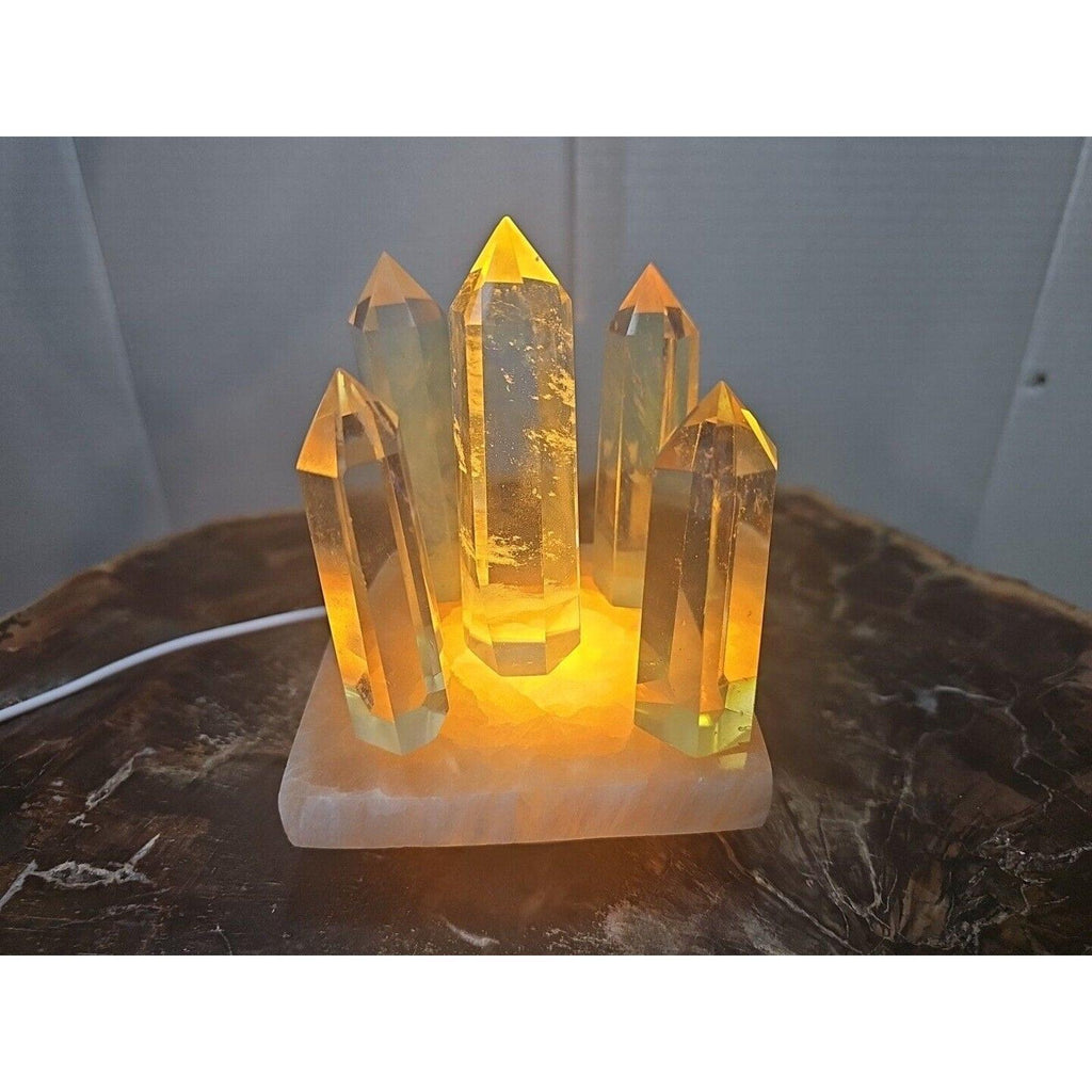 Yellow Smelt Quartz Crystal Points with Selenite Charging Base & LED Display — 5-Piece Set | CrystalCloud Company by CrystalCloud Company