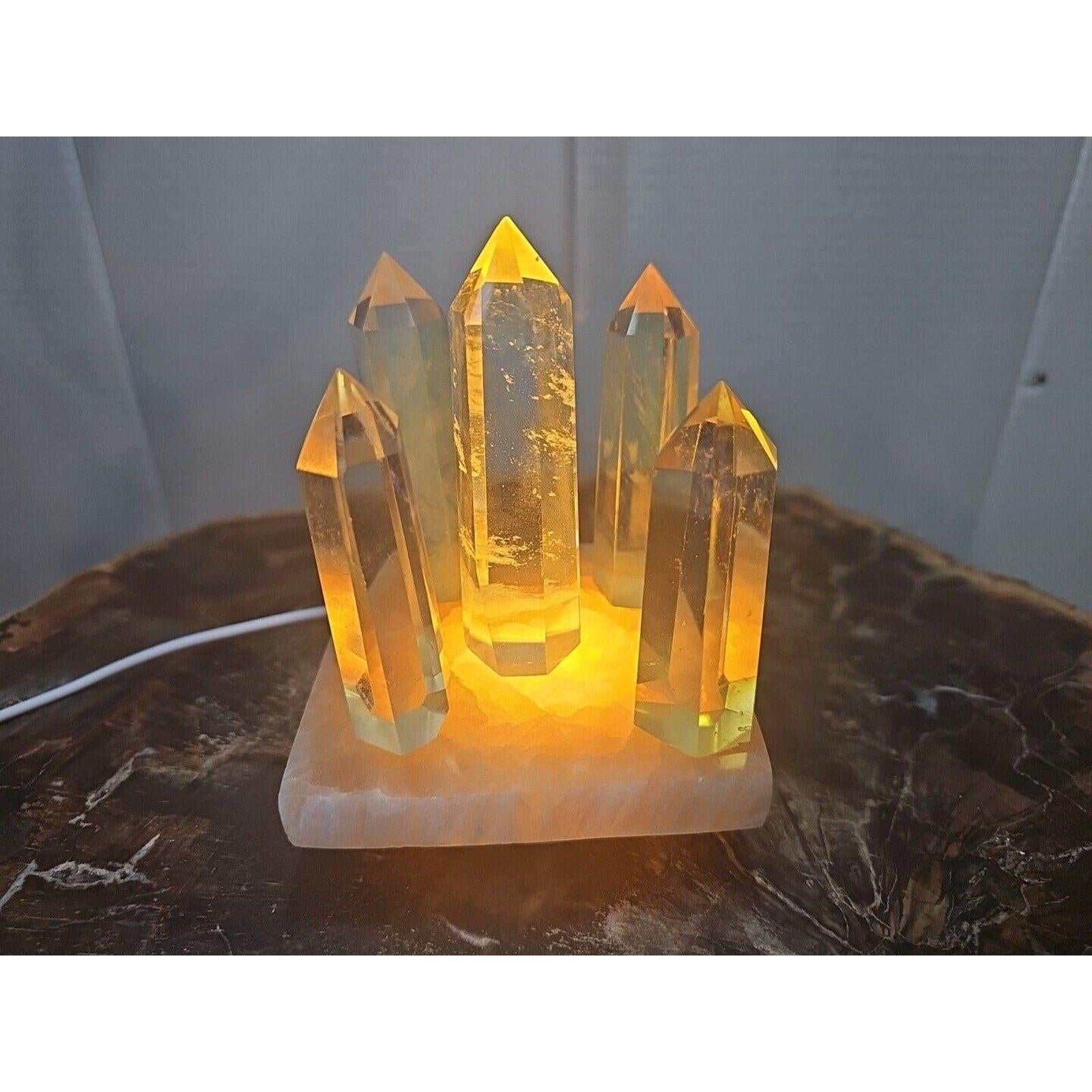 Yellow Smelt Quartz Crystal Points with Selenite Charging Base & LED Display — 5-Piece Set | CrystalCloud Company by CrystalCloud Company