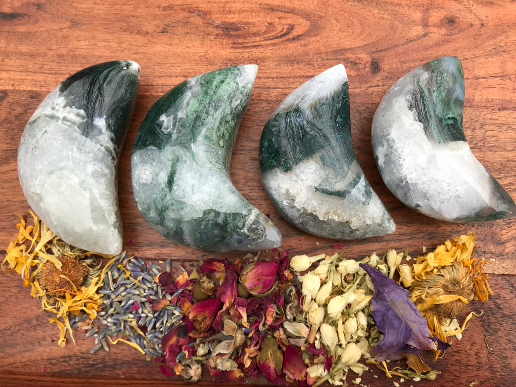 Moss Agate Puffy Moon Palm for Stable Manifesting, Large 3 inches approx