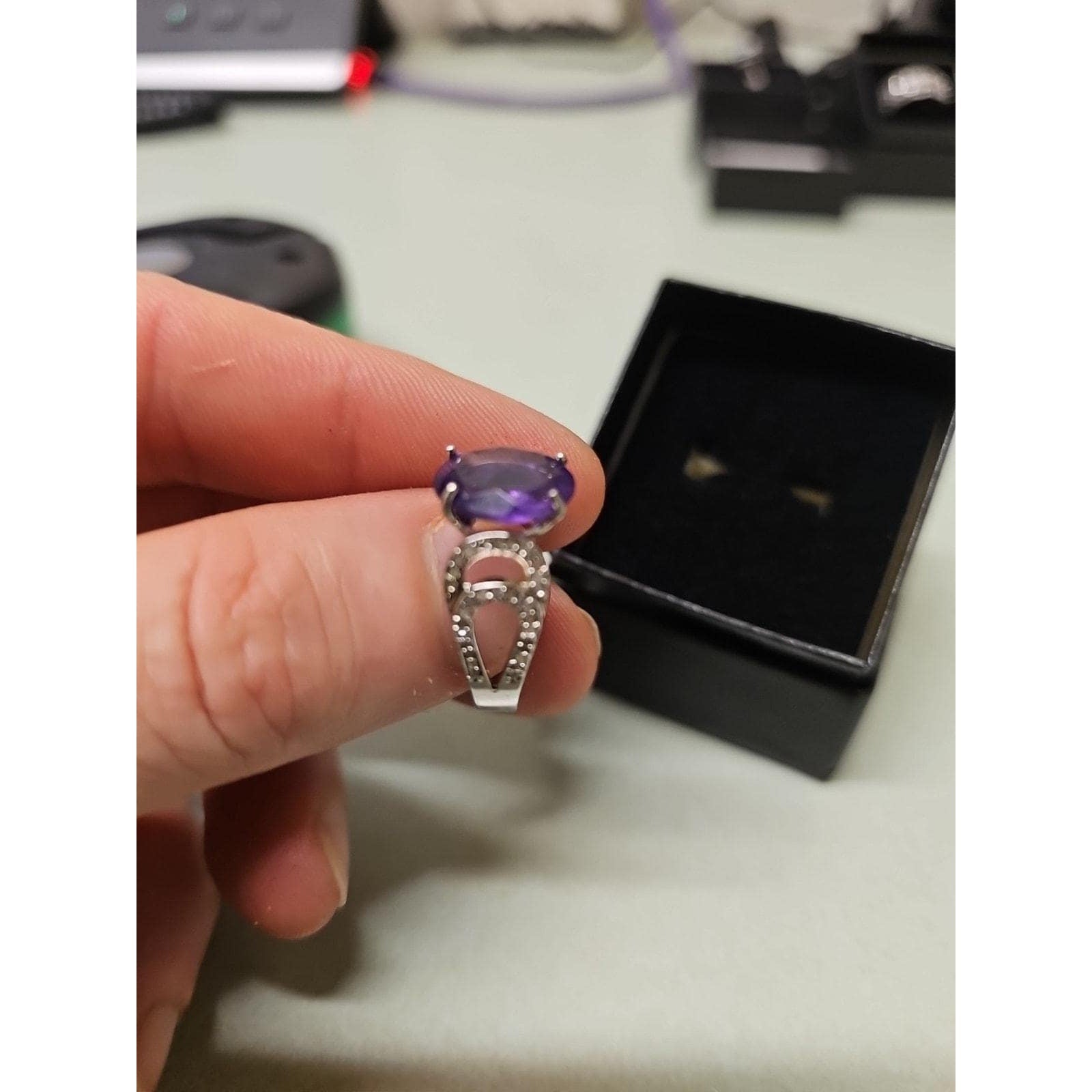 Womens 14K White Gold Platinum Finish Size 6 Ring Amethyst & Diamonds by Diablo