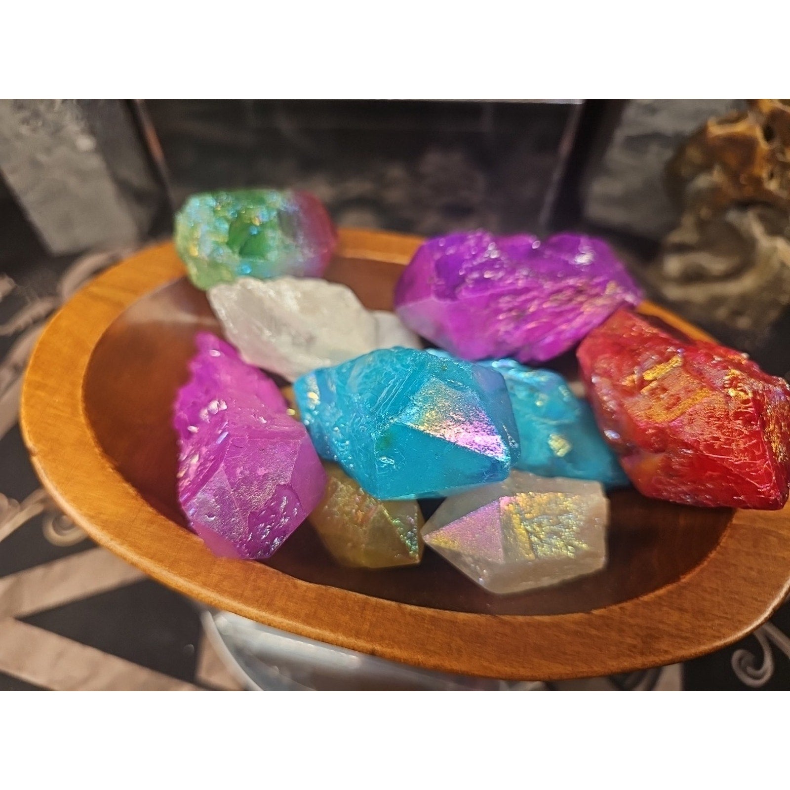 1.29lbsAura Aqua Rainbow Quartz W/wooden Bowl by CrystalCloud Company