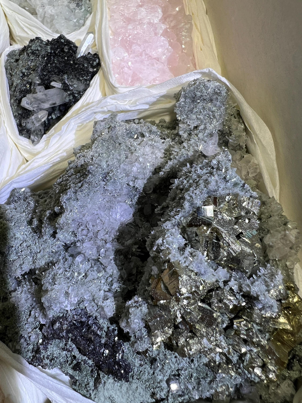 Bolivian Minerals Crystal Mixed Collection (Large 15x10 Inch Flat) Pyrite Sphalerite Galena Quartz Pink Mangano Calcite by Amazing Crystals