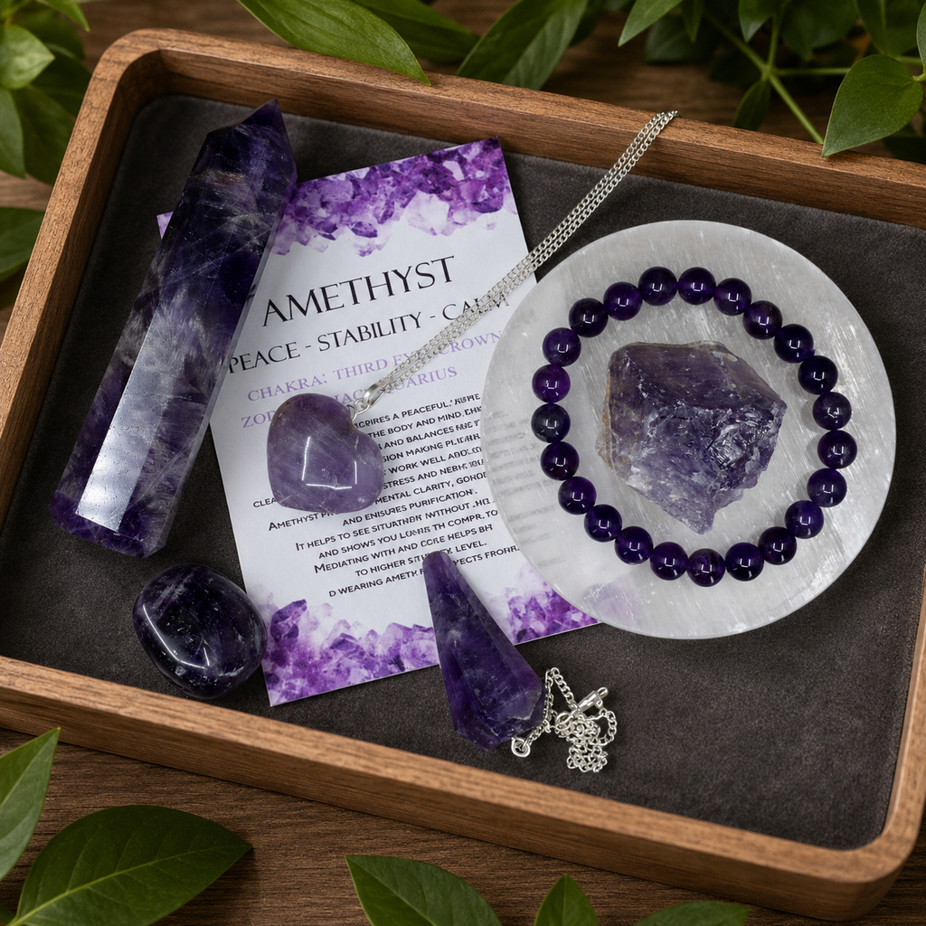 Amethyst Crystal Gift Set For Emotional Support and Protection, Real Polished Gemstones.