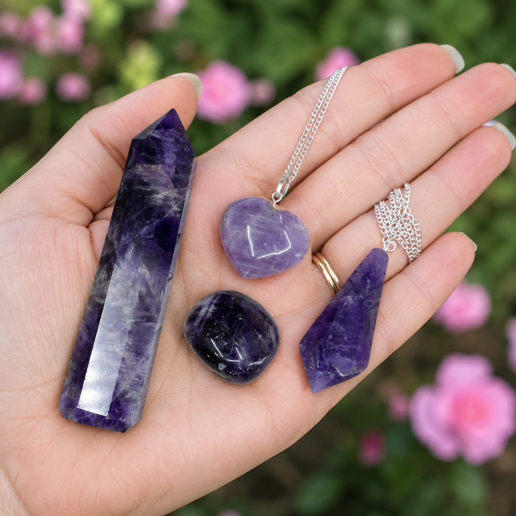 Amethyst Crystal Gift Set For Emotional Support and Protection, Real Polished Gemstones.