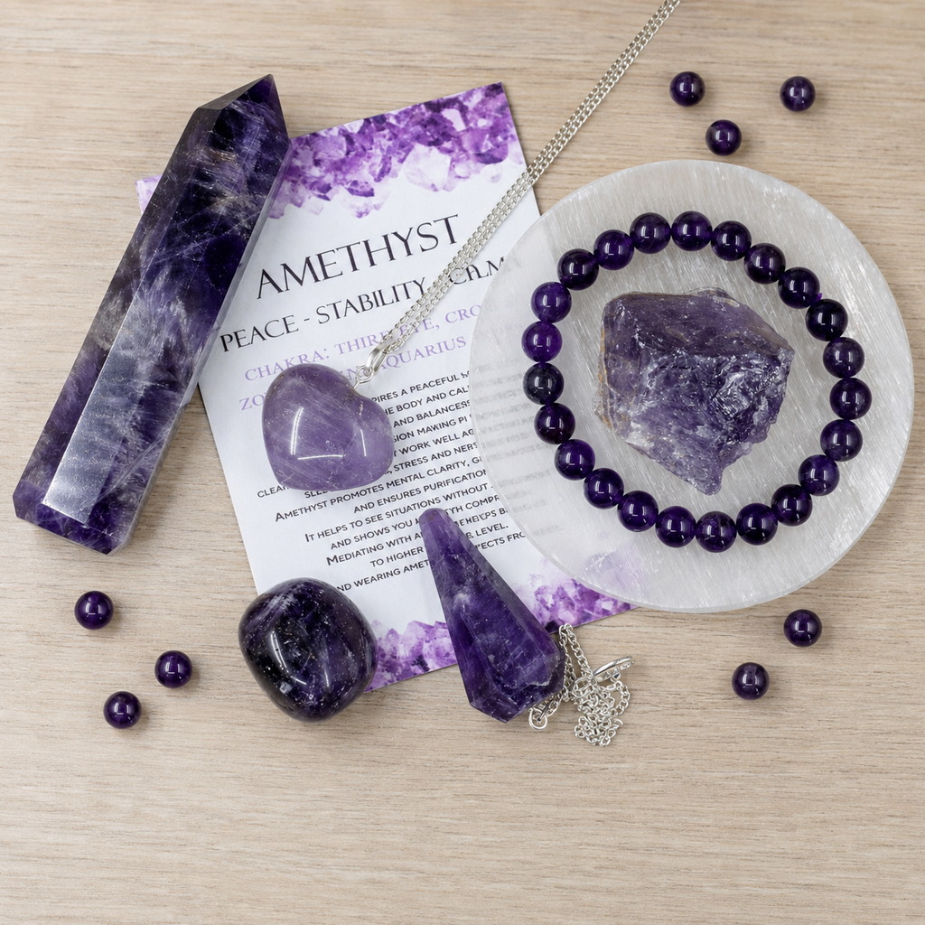 Amethyst Crystal Gift Set For Emotional Support and Protection, Real Polished Gemstones.