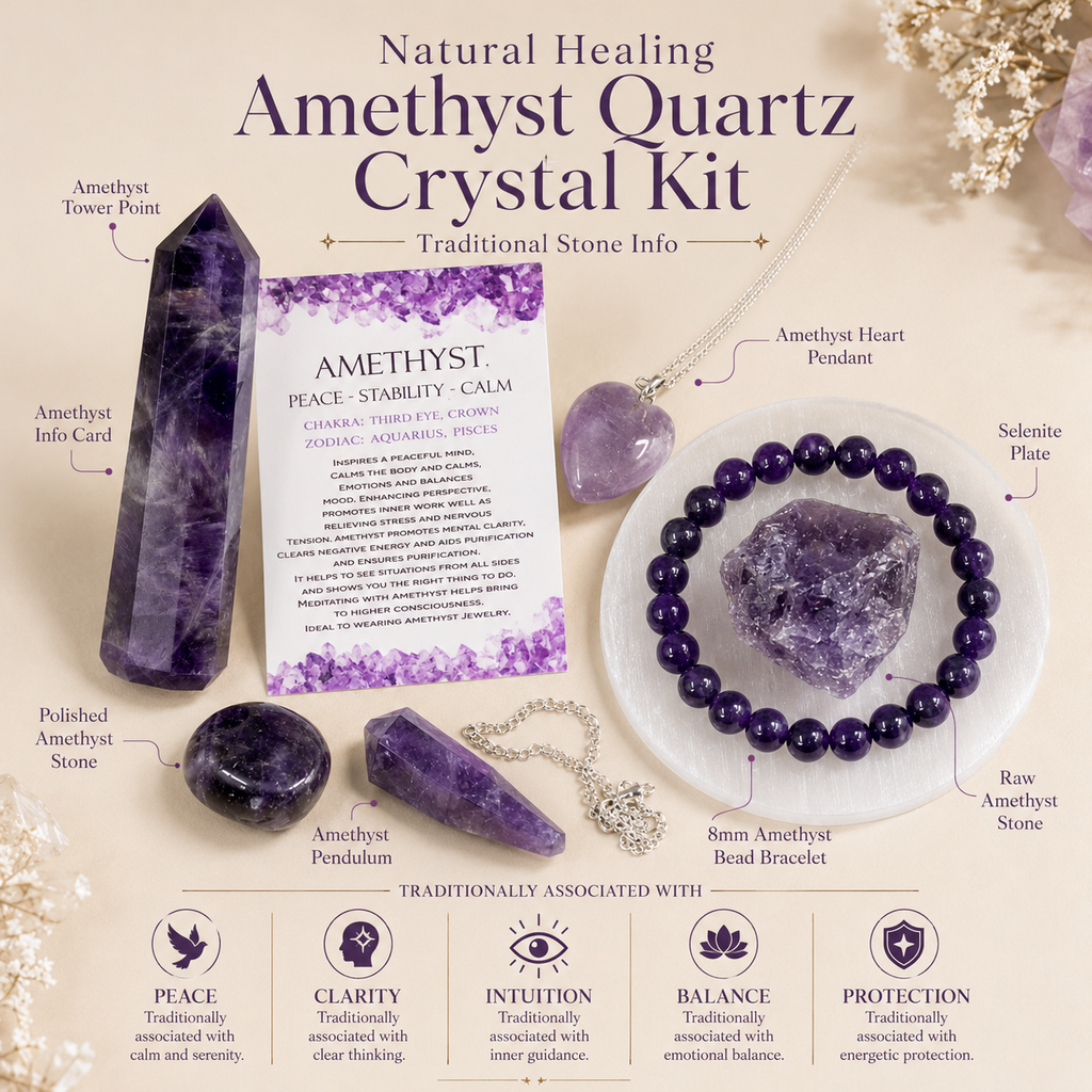Amethyst Crystal Gift Set For Emotional Support and Protection, Real Polished Gemstones.