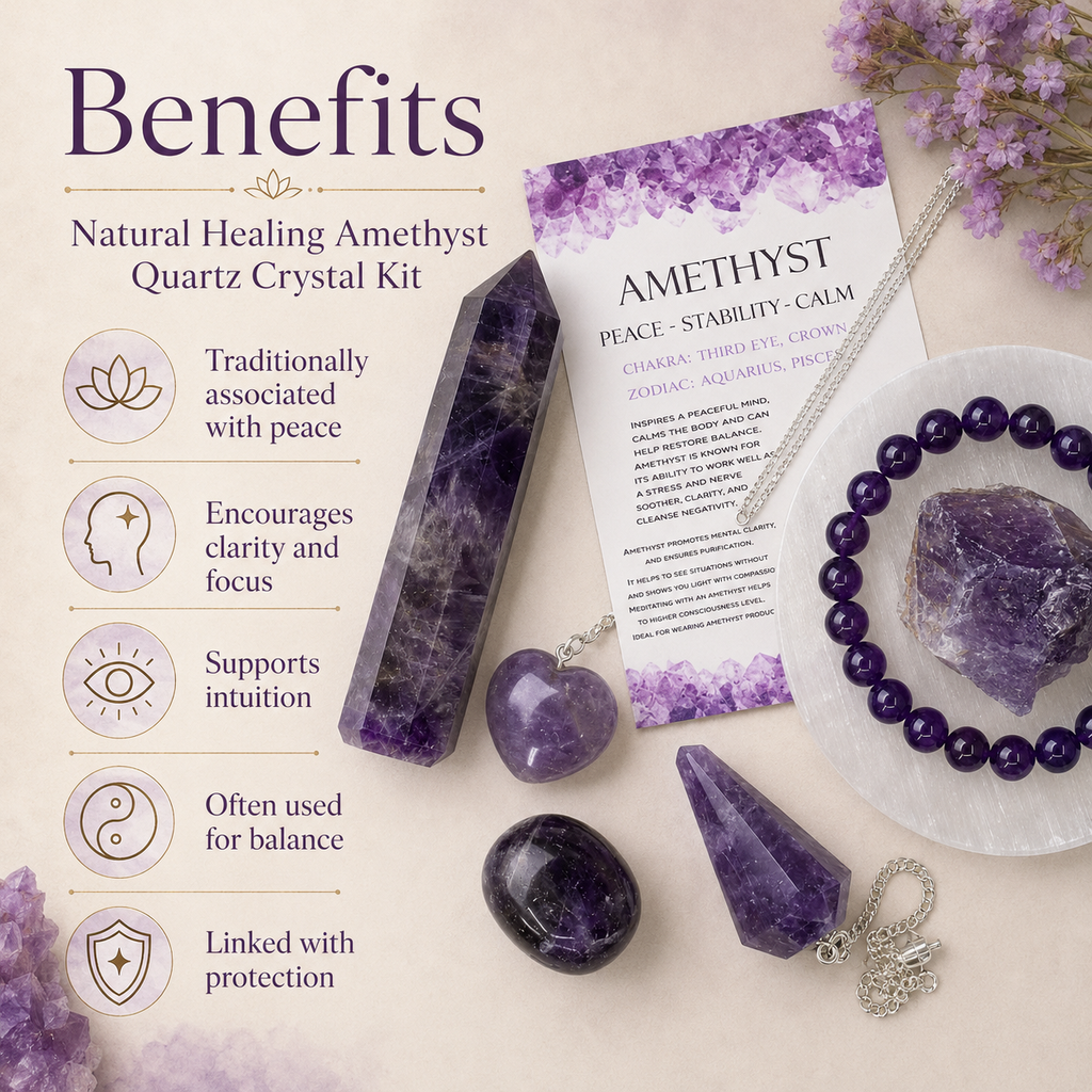 Amethyst Crystal Gift Set For Emotional Support and Protection, Real Polished Gemstones.
