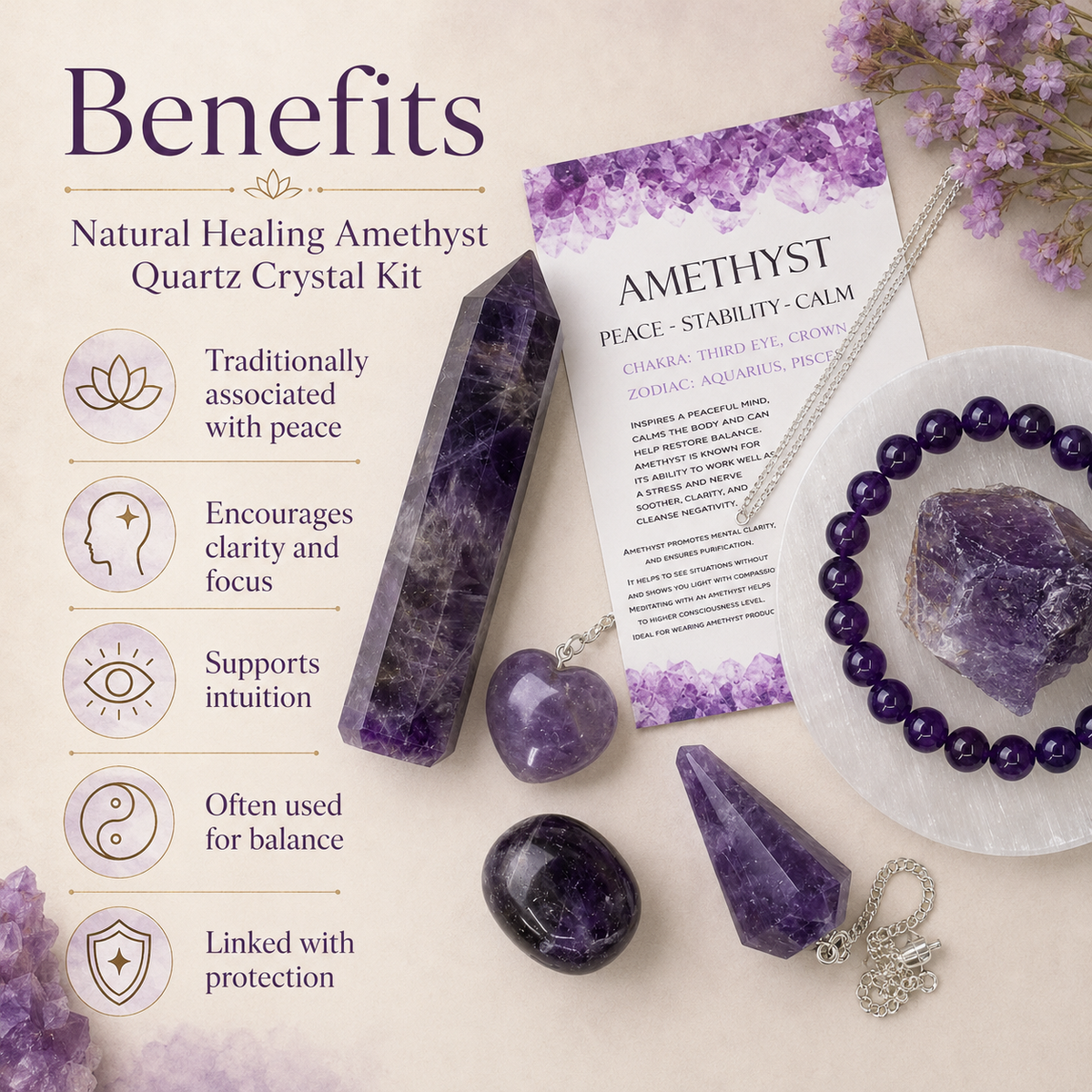 Amethyst Crystal Gift Set For Emotional Support and Protection, Real Polished Gemstones.
