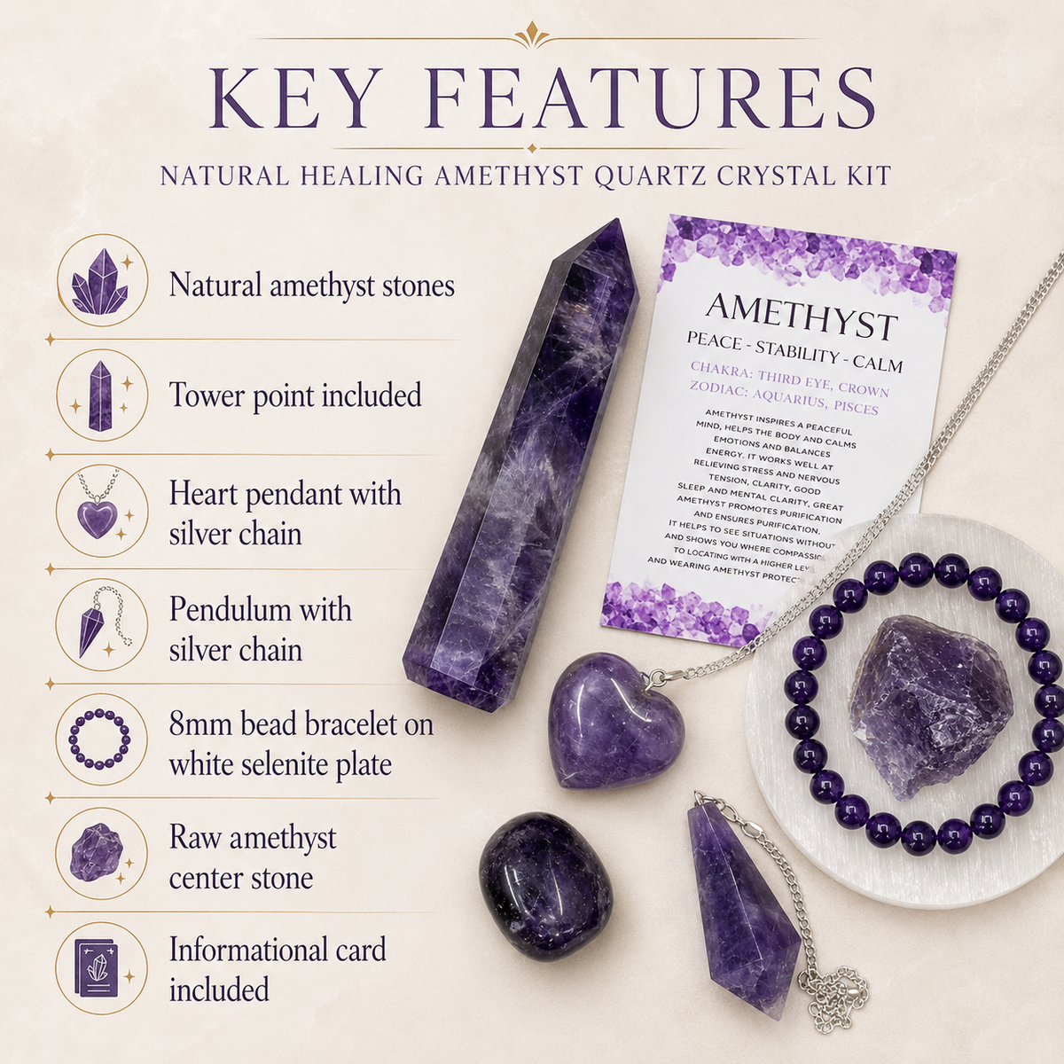 Amethyst Crystal Gift Set For Emotional Support and Protection, Real Polished Gemstones.