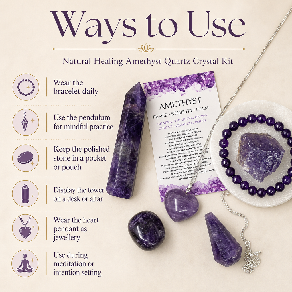 Amethyst Crystal Gift Set For Emotional Support and Protection, Real Polished Gemstones.