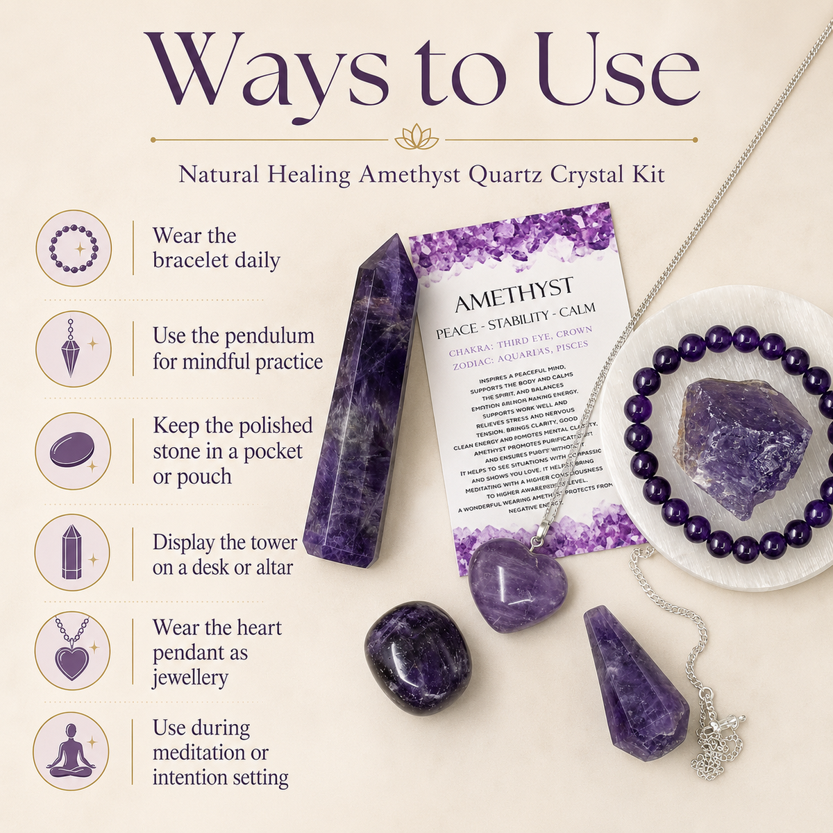 Amethyst Crystal Gift Set For Emotional Support and Protection, Real Polished Gemstones.