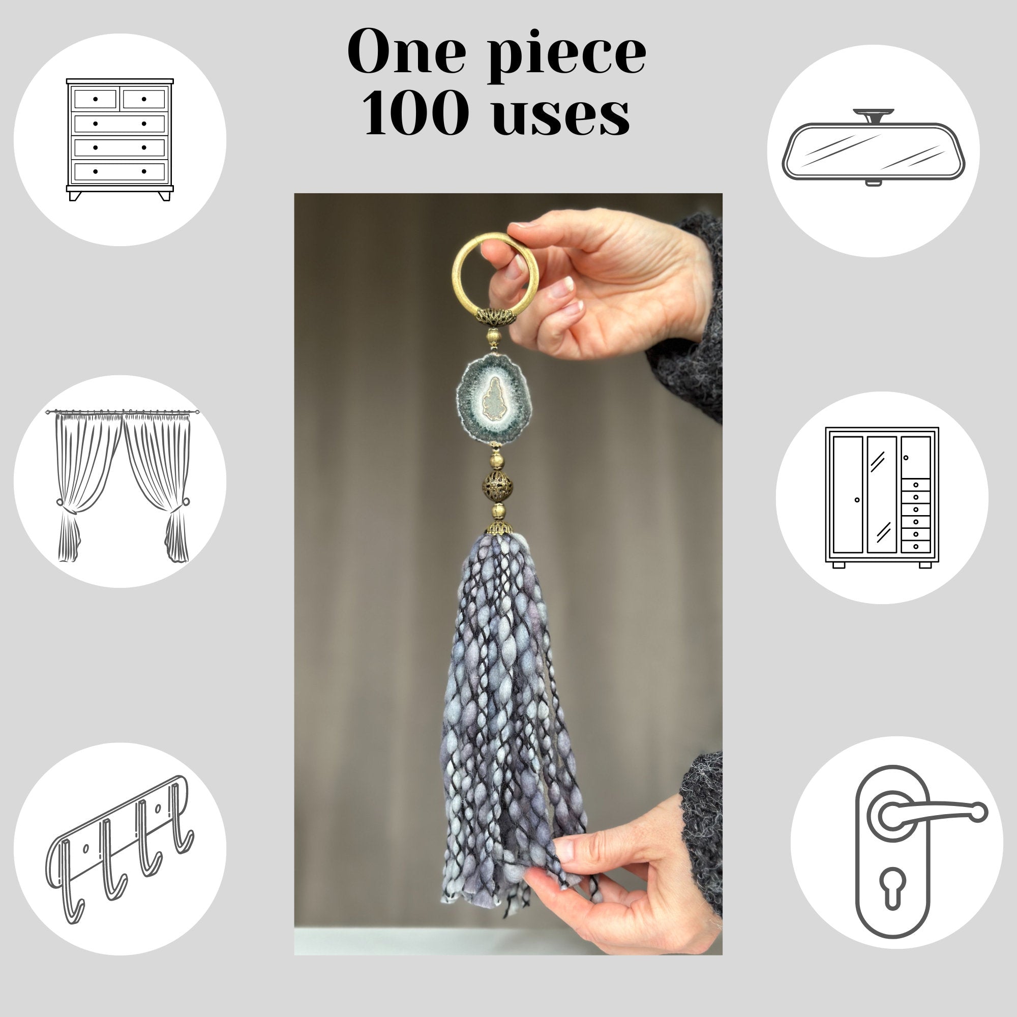 Stalactite and Merino Wool Garland, Door knob tassel, Wall Hanging, multiple uses crystal gift
