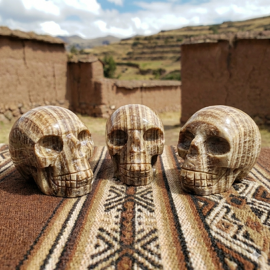 Peruvian Brown Banded Aragonite Skull Carving