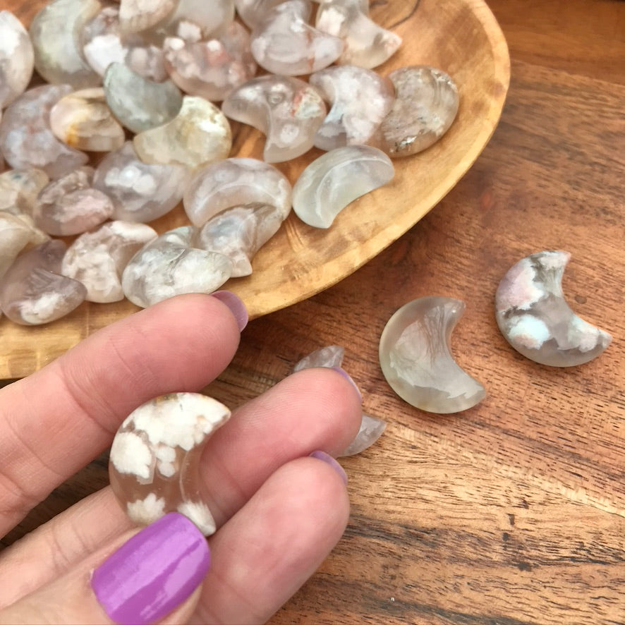 2 Flower Agate Moons for Blooming and Growth, Set of 2 Minis