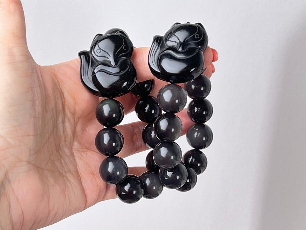 Lucky Fox Obsidian Bracelet, 16mm XL or 12 mm, for Luck and Boundaries, Stretchy, with Fox Carving and Sheen
