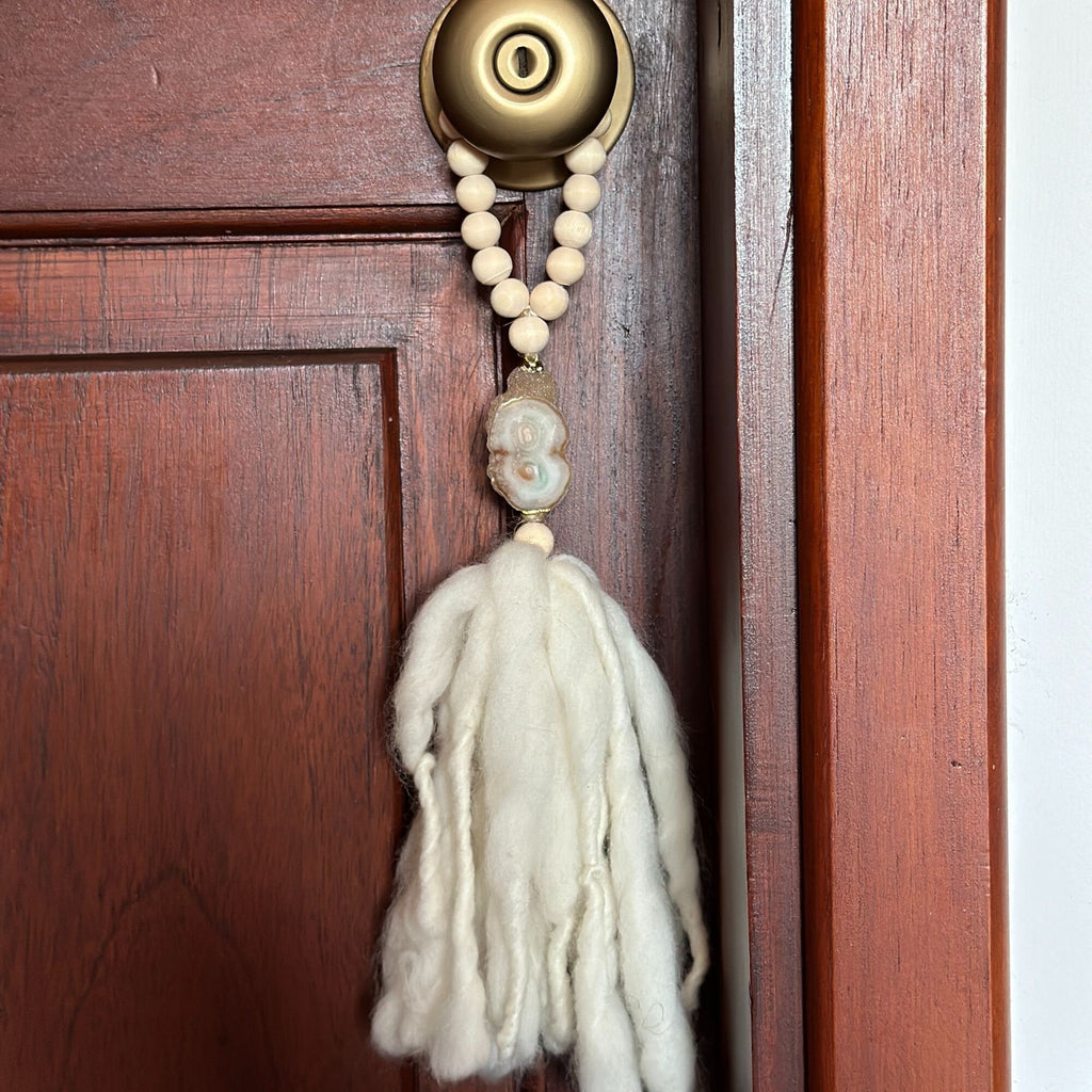 Beaded Garland with Tassels made from Merino Wool and Stalactite Crystal, One of a kind decor piece, Boho Beads for Coffee Table