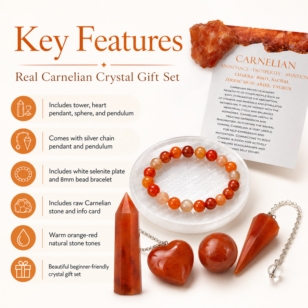Carnelian Crystal Gift Set For Emotional Support and Protection, Real Polished Gemstones.