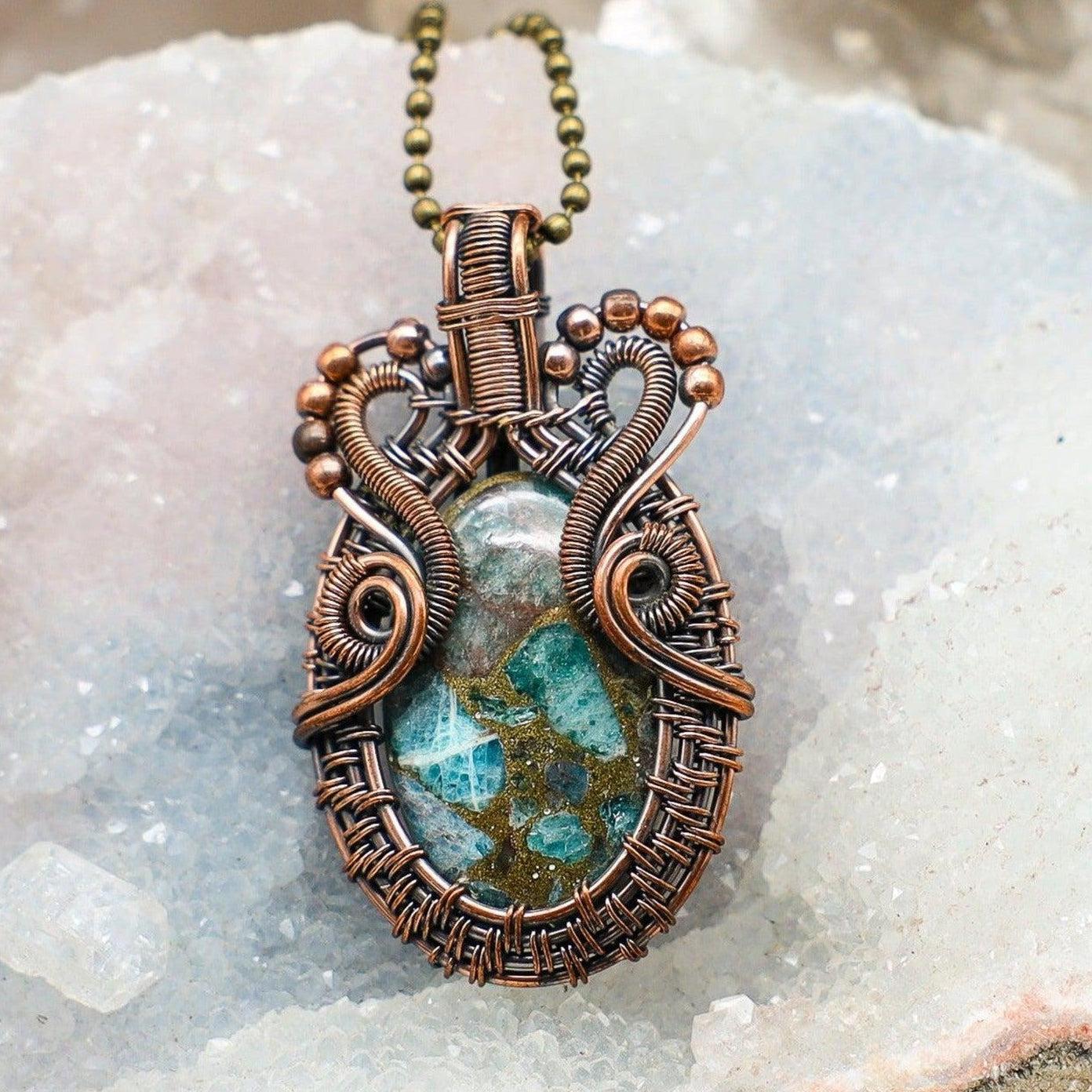 Chrysocolla Crystal Copper Wire Wrap Pendant Handcrafted
