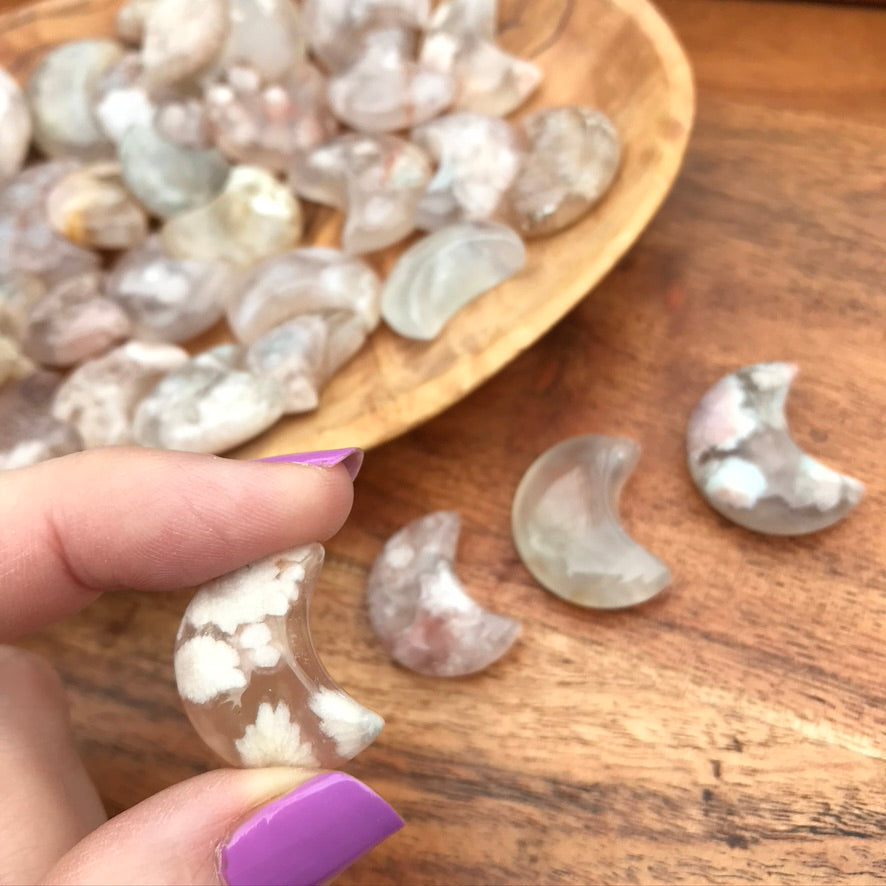 2 Flower Agate Moons for Blooming and Growth, Set of 2 Minis